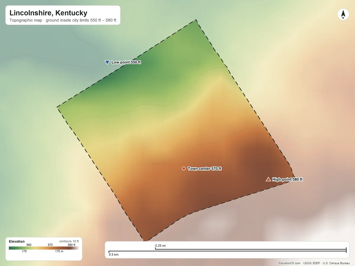 Topographic elevation map of Lincolnshire, Kentucky, shaded from 550 ft on the northwest side to 580 ft on the east side