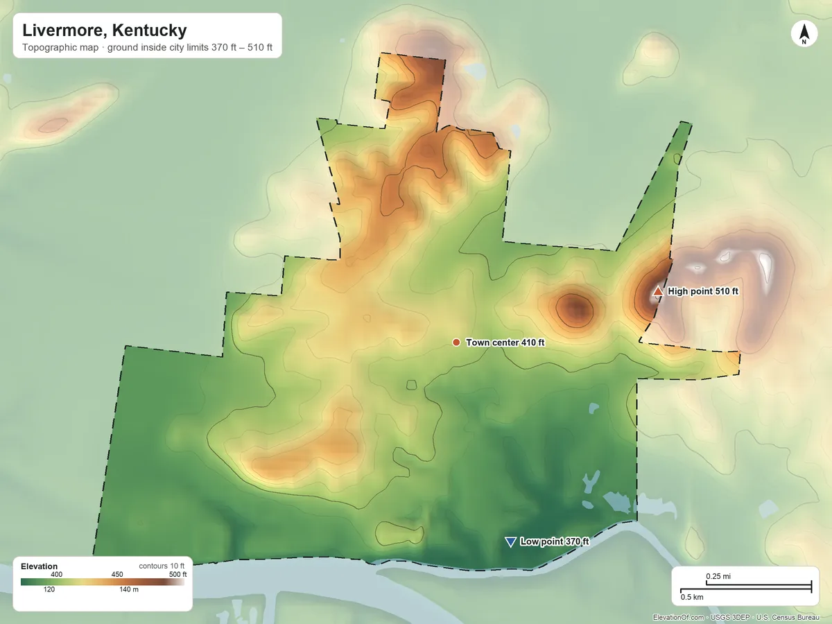 Topographic elevation map of Livermore, Kentucky, shaded from 370 ft on the south side to 510 ft on the east side