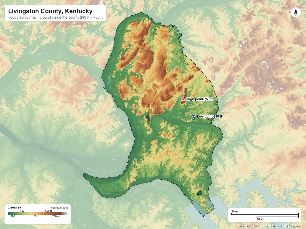 Topographic elevation map of Livingston County, Kentucky, shaded from 290 ft on the east side to 750 ft on the northeast side