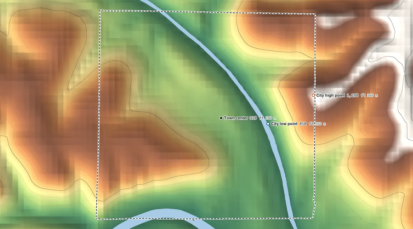Topographic elevation map of Livingston, Kentucky, shaded from 850 ft on the east side to 1,180 ft on the east side