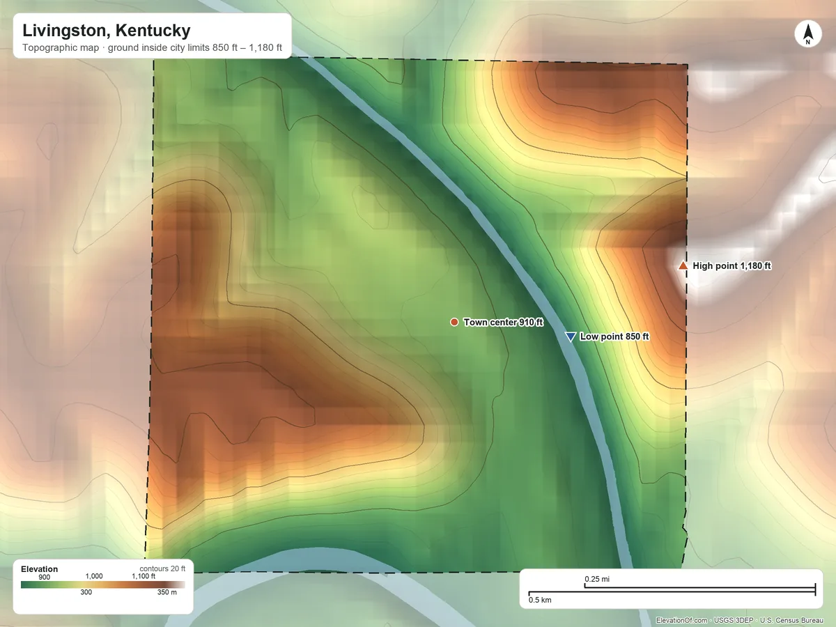 Topographic elevation map of Livingston, Kentucky, shaded from 850 ft on the east side to 1,180 ft on the east side