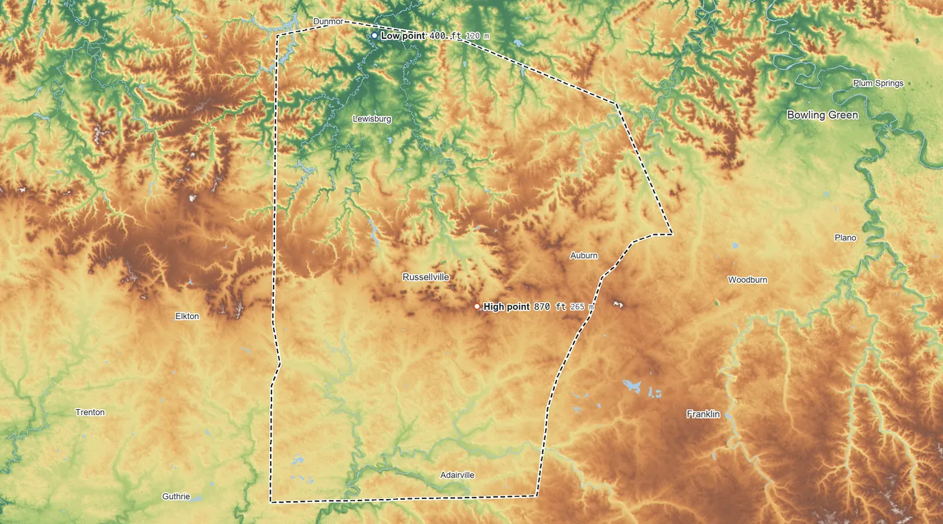 Topographic elevation map of Logan County, Kentucky, shaded from 400 ft on the northwest side to 870 ft near the middle