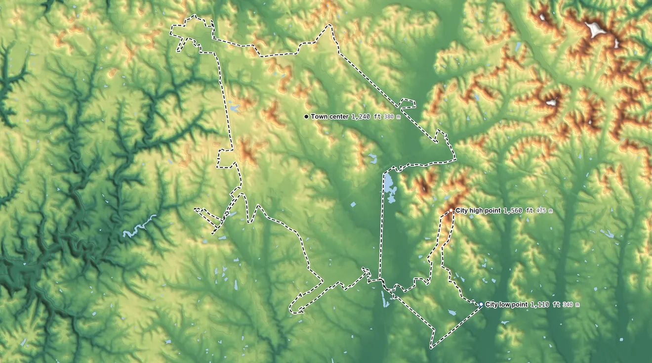 Topographic elevation map of London, Kentucky, shaded from 1,110 ft on the southeast side to 1,560 ft on Frazier Knob