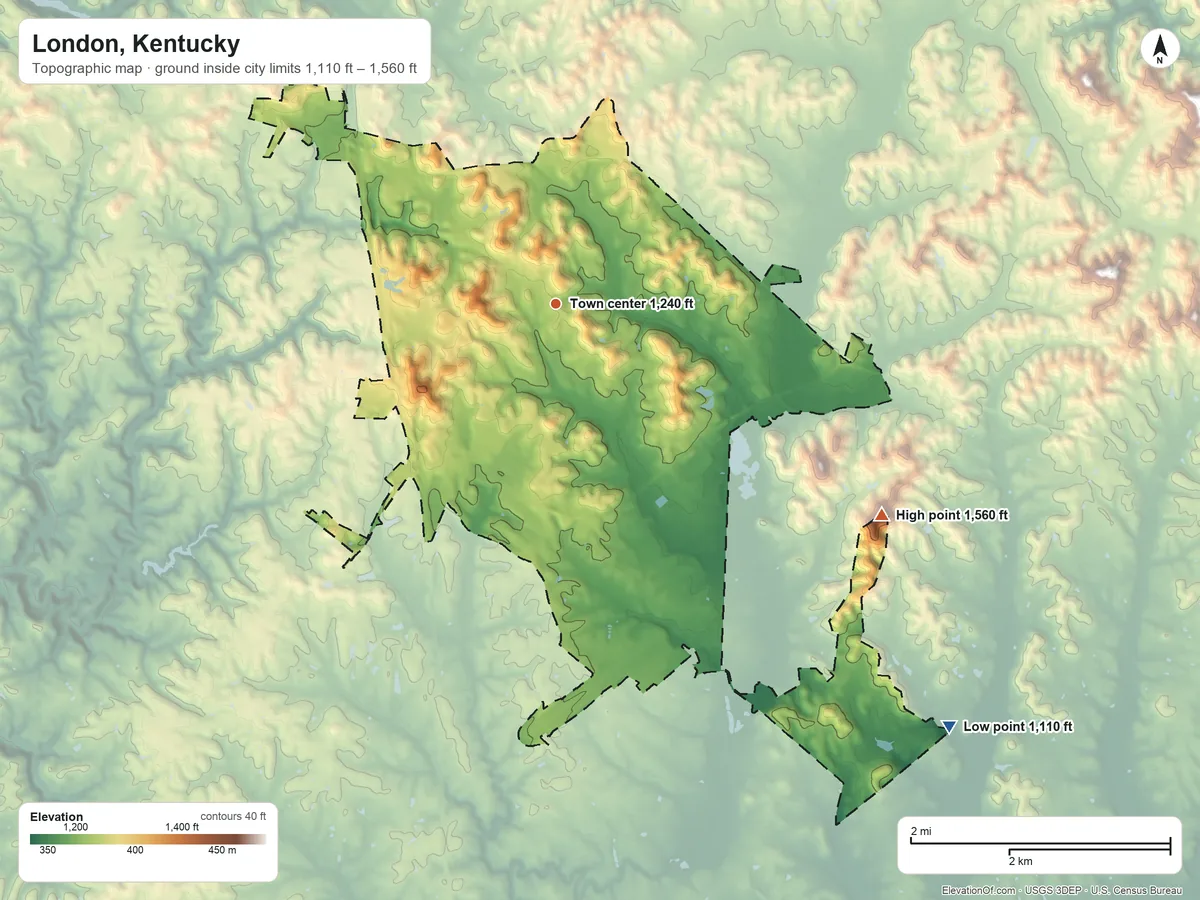 Topographic elevation map of London, Kentucky, shaded from 1,110 ft on the southeast side to 1,560 ft on Frazier Knob
