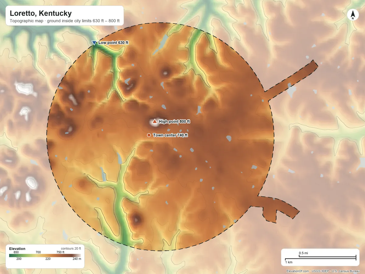 Topographic elevation map of Loretto, Kentucky, shaded from 630 ft on the northwest side to 800 ft near the middle