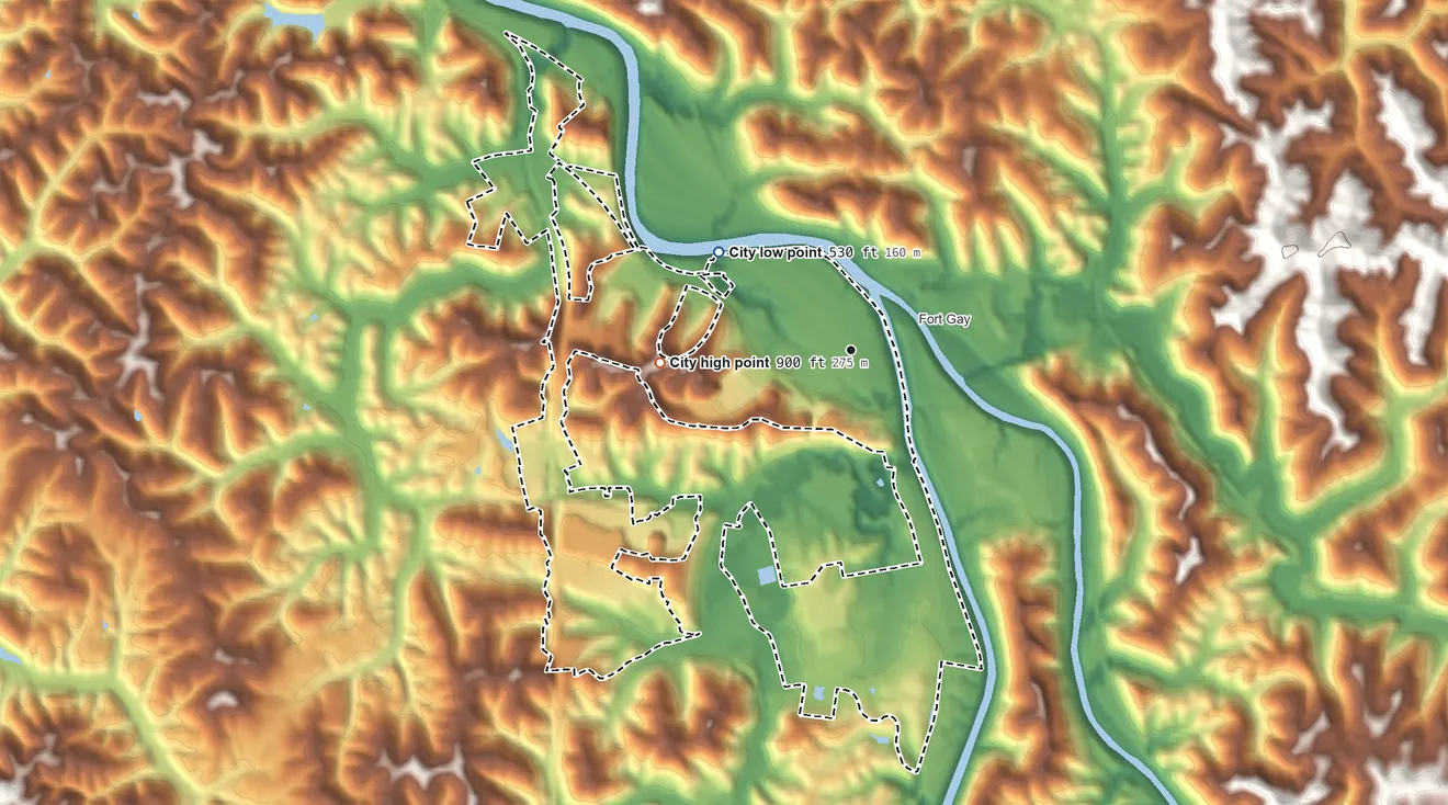 Topographic elevation map of Louisa, Kentucky, shaded from 530 ft on the northwest side to 900 ft on the west side