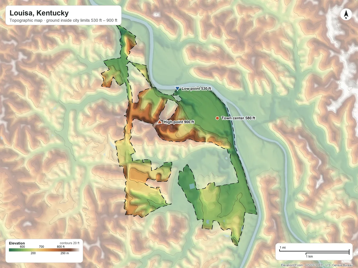 Topographic elevation map of Louisa, Kentucky, shaded from 530 ft on the northwest side to 900 ft on the west side