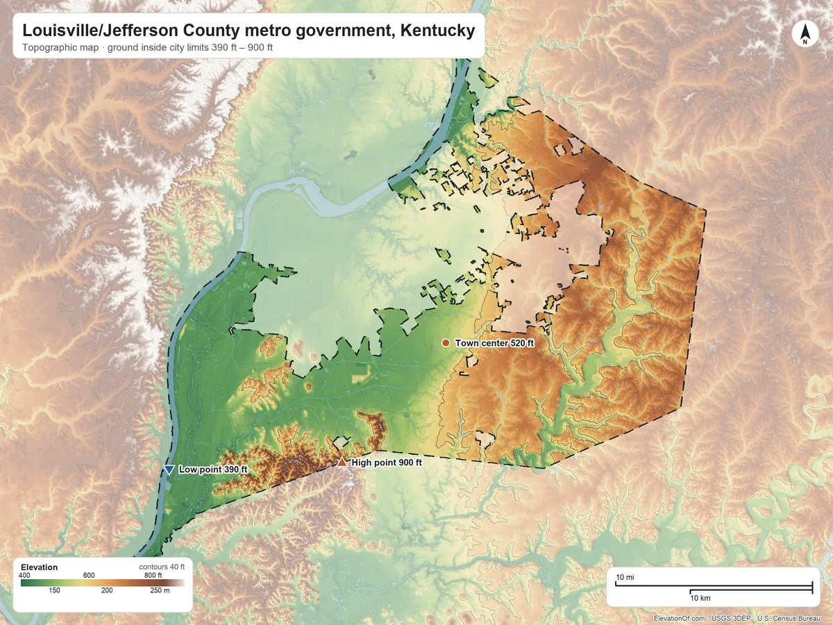 Topographic elevation map of Louisville/Jefferson County metro government, Kentucky, shaded from 390 ft on the southwest side to 900 ft on Holsclaw Hill