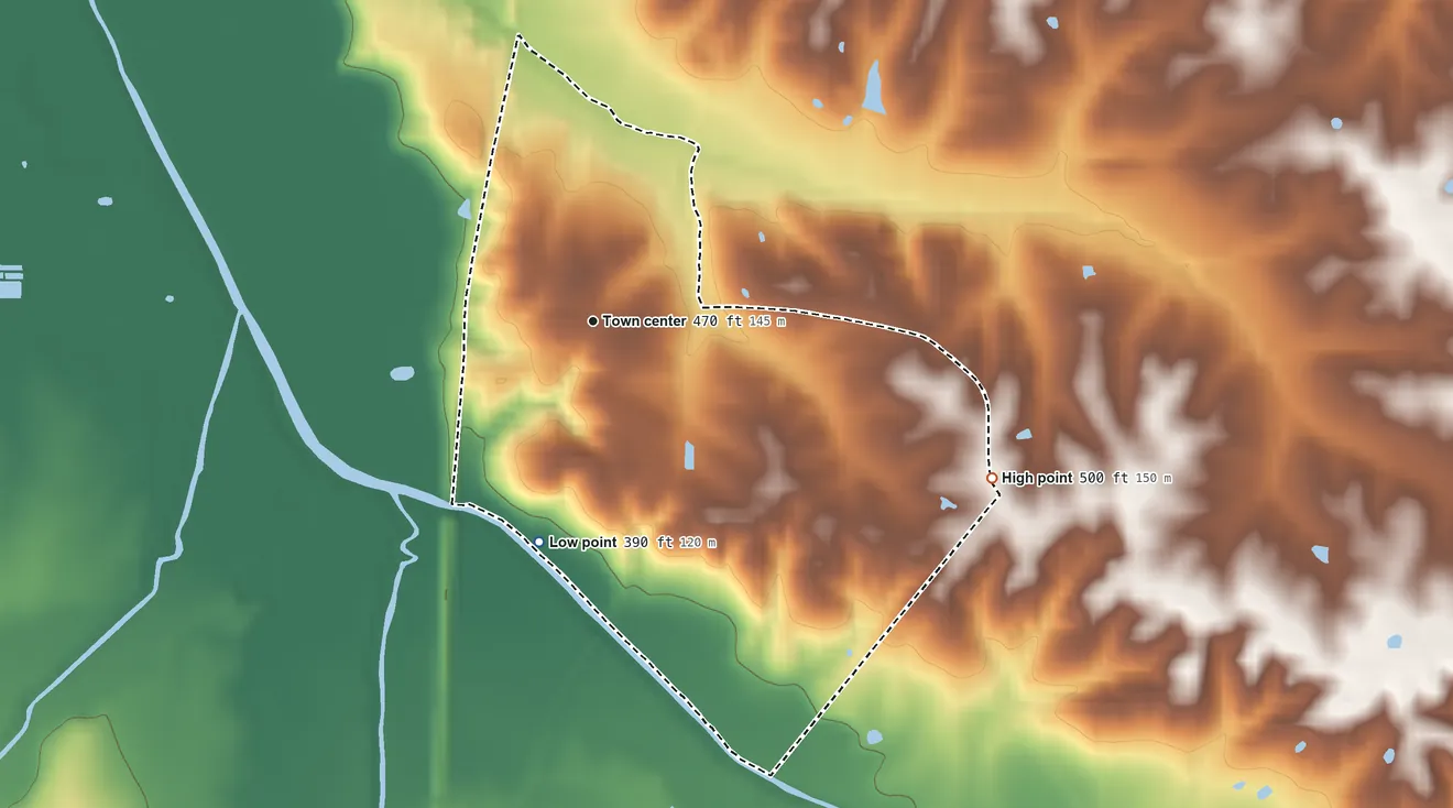 Topographic elevation map of Lowes, Kentucky, shaded from 390 ft on the south side to 500 ft on the east side