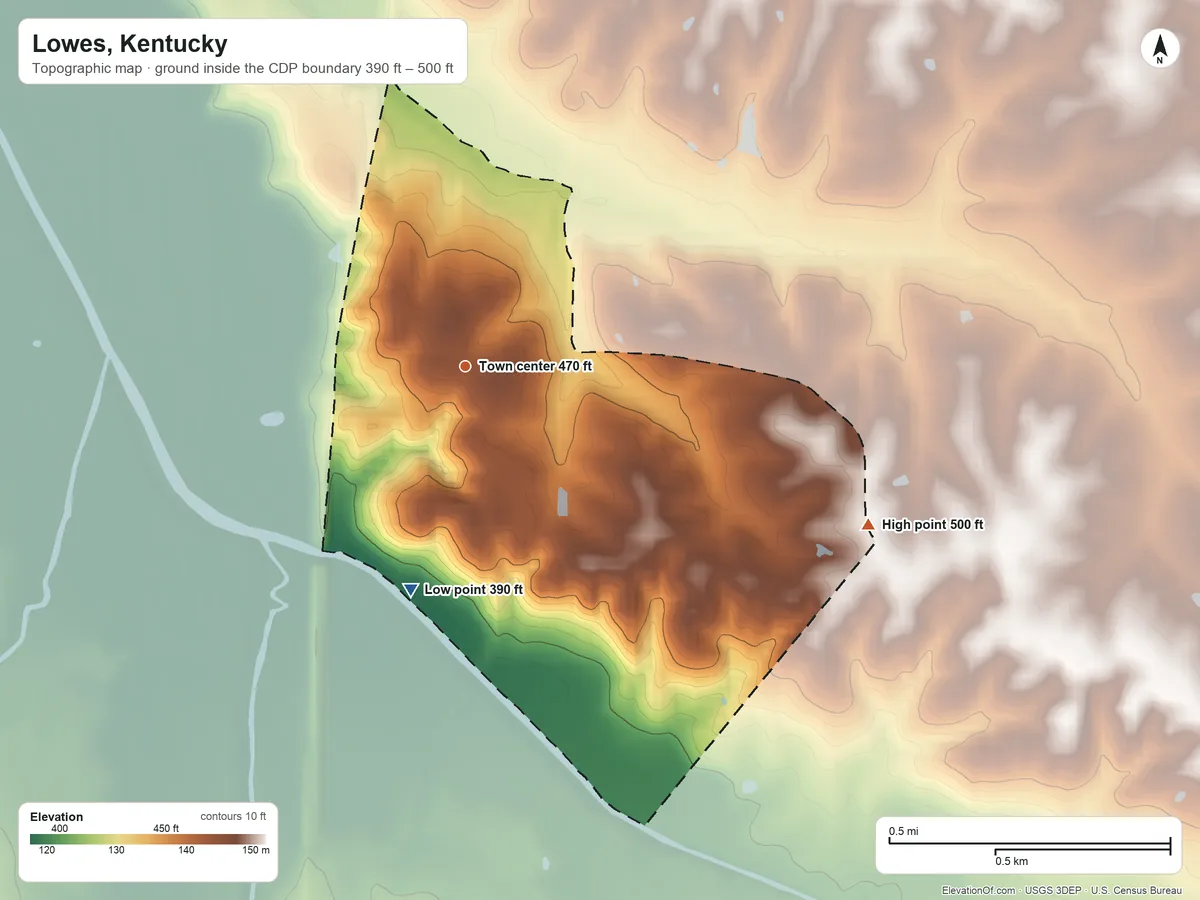 Topographic elevation map of Lowes, Kentucky, shaded from 390 ft on the south side to 500 ft on the east side