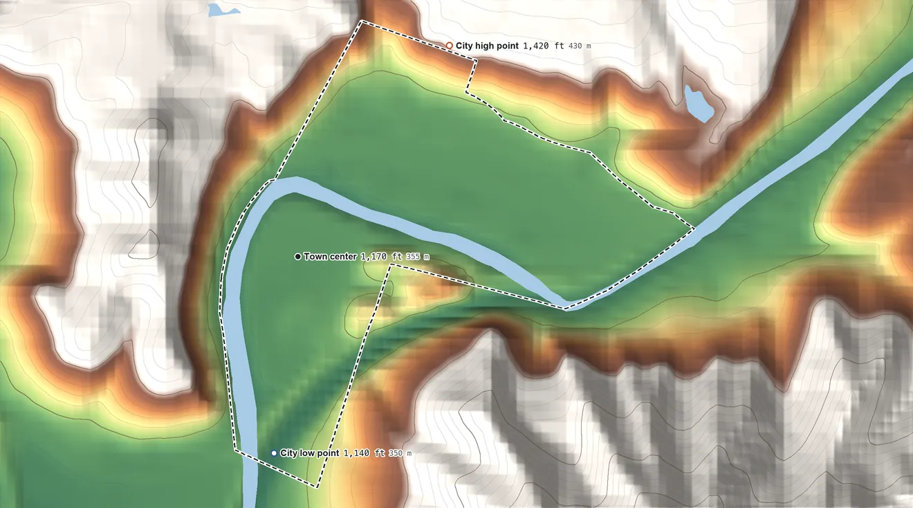 Topographic elevation map of Loyall, Kentucky, shaded from 1,140 ft on the south side to 1,420 ft at the foot of the Pine Mountain