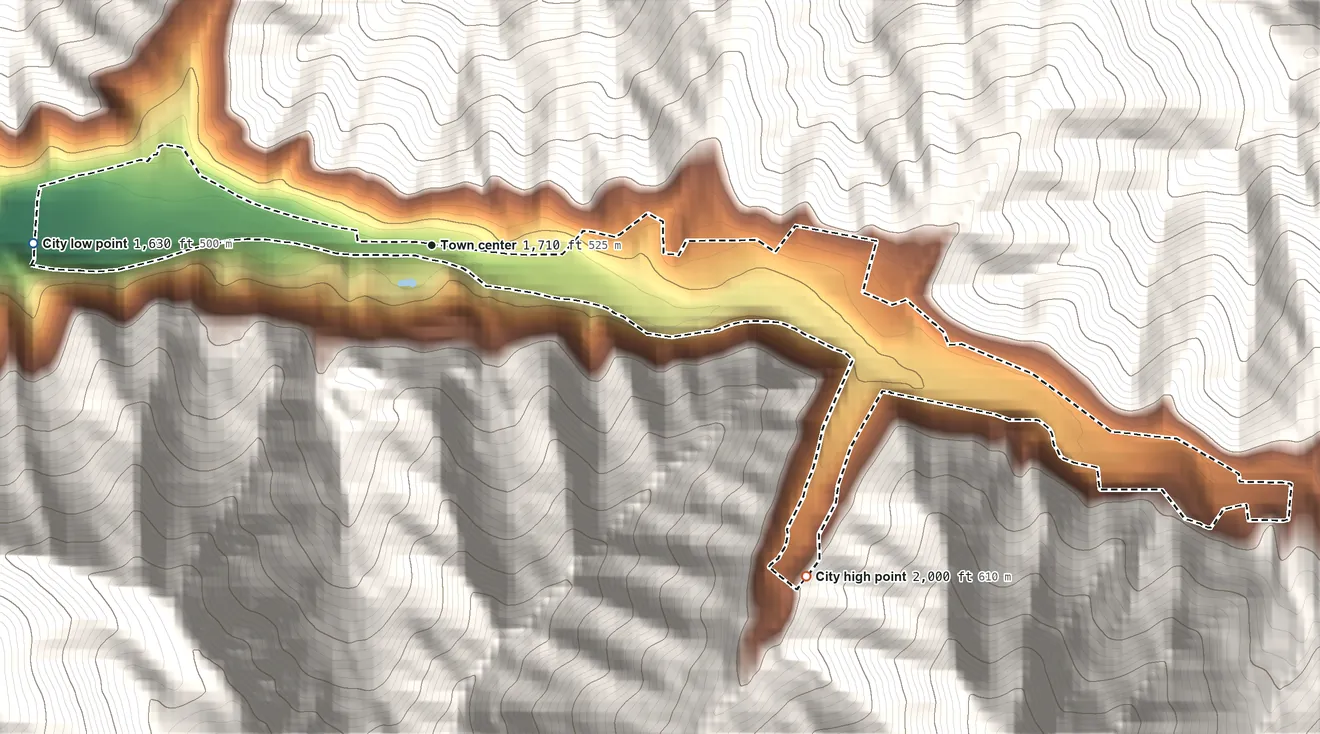 Topographic elevation map of Lynch, Kentucky, shaded from 1,630 ft on the west side to 2,000 ft on the southeast edge, below higher ground just outside