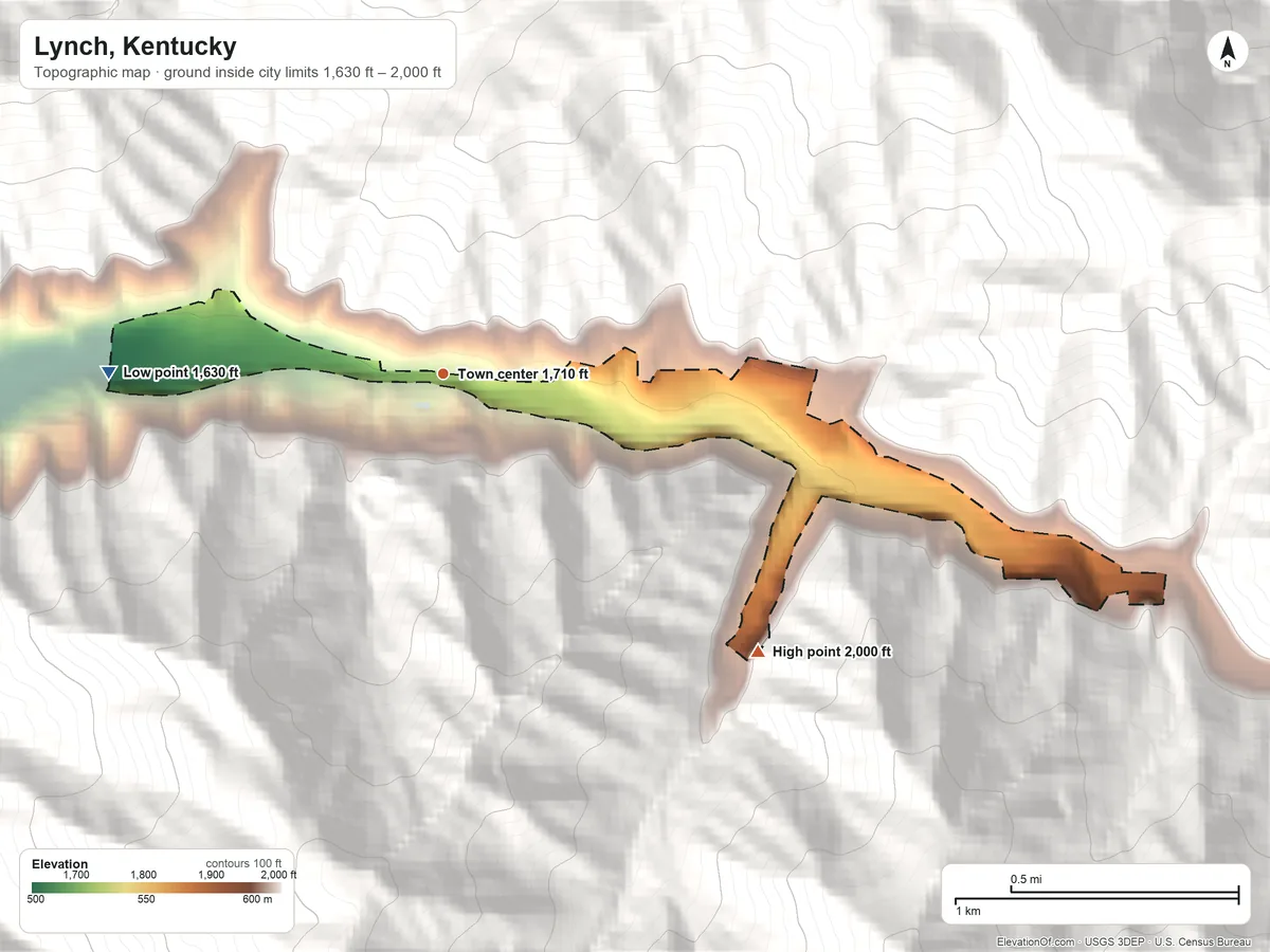 Topographic elevation map of Lynch, Kentucky, shaded from 1,630 ft on the west side to 2,000 ft on the southeast edge, below higher ground just outside