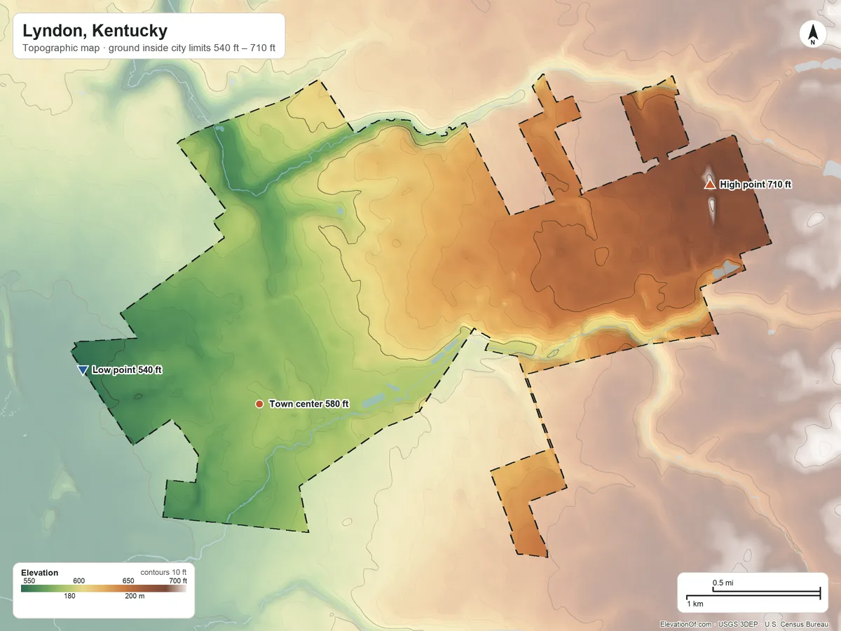 Topographic elevation map of Lyndon, Kentucky, shaded from 540 ft on the west side to 710 ft on the northeast side