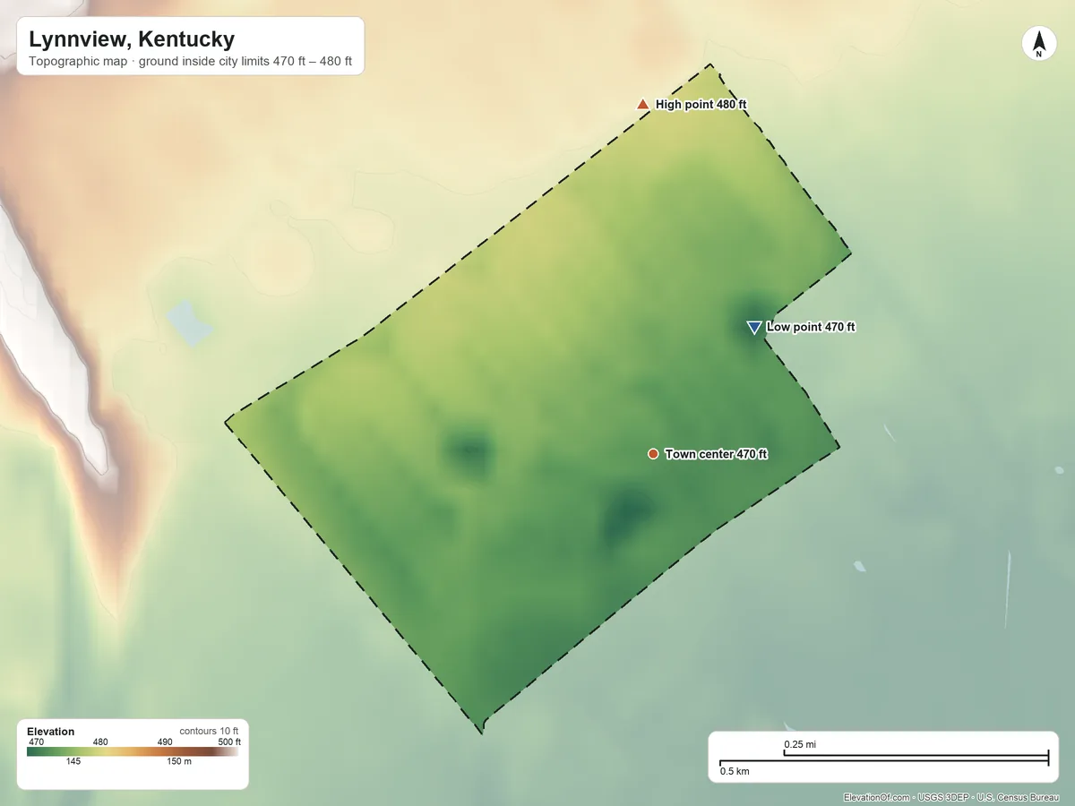 Topographic elevation map of Lynnview, Kentucky, shaded from 470 ft on the northeast side to 480 ft on the north side