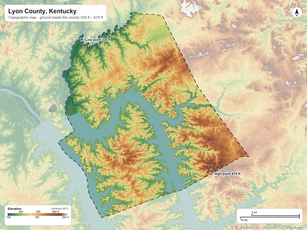 Topographic elevation map of Lyon County, Kentucky, shaded from 320 ft on the northwest side to 670 ft on the southeast side