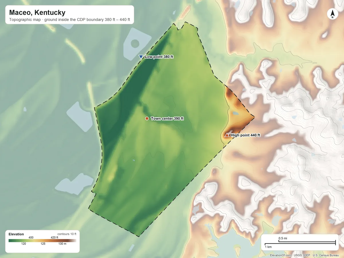 Topographic elevation map of Maceo, Kentucky, shaded from 380 ft on the north side to 440 ft on the east side