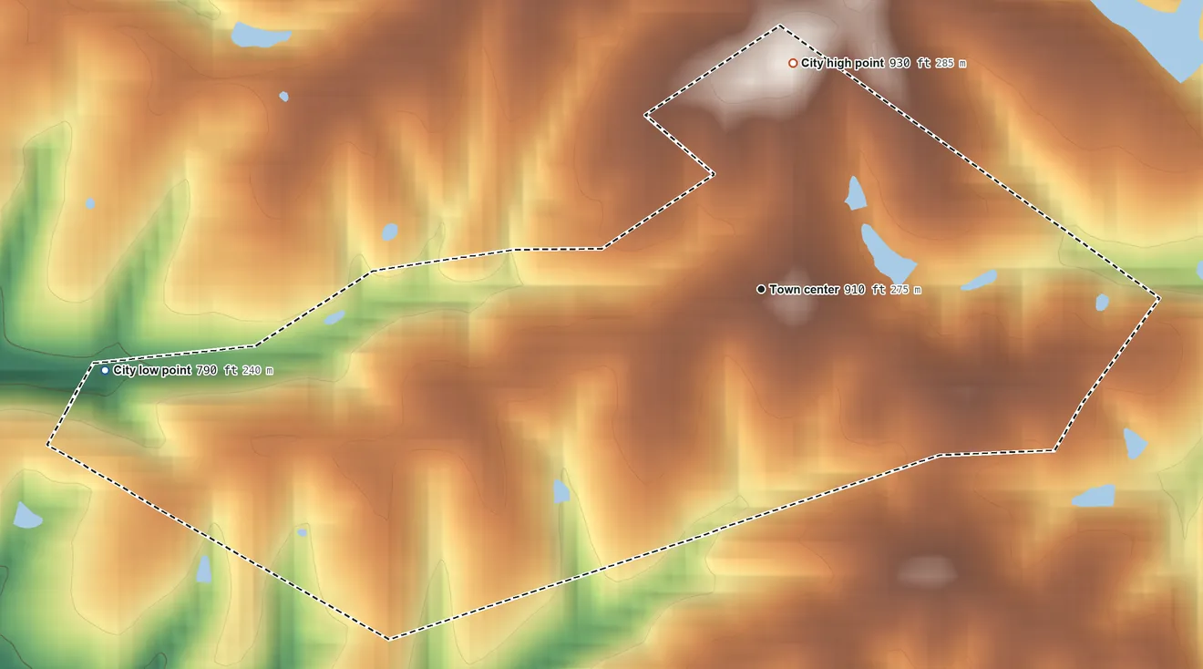 Topographic elevation map of Mackville, Kentucky, shaded from 790 ft on the west side to 930 ft on the north side