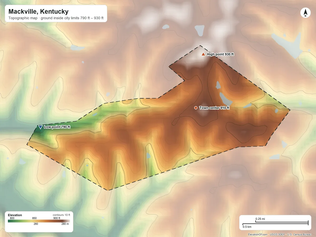 Topographic elevation map of Mackville, Kentucky, shaded from 790 ft on the west side to 930 ft on the north side