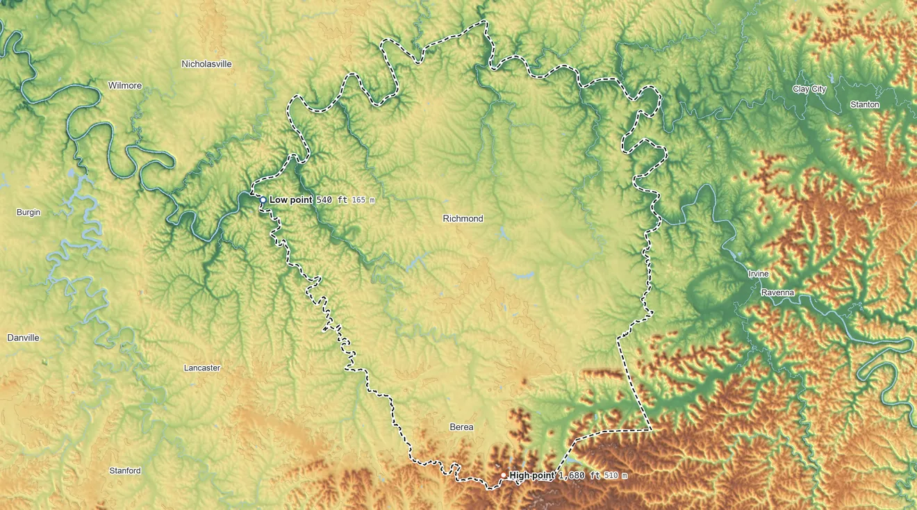 Topographic elevation map of Madison County, Kentucky, shaded from 540 ft on the west side to 1,680 ft on the south side