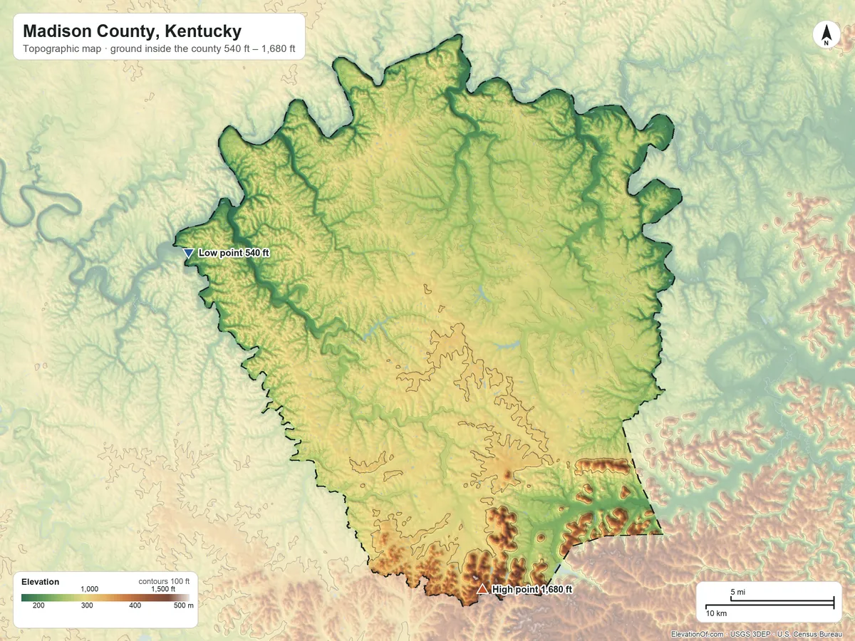 Topographic elevation map of Madison County, Kentucky, shaded from 540 ft on the west side to 1,680 ft on the south side