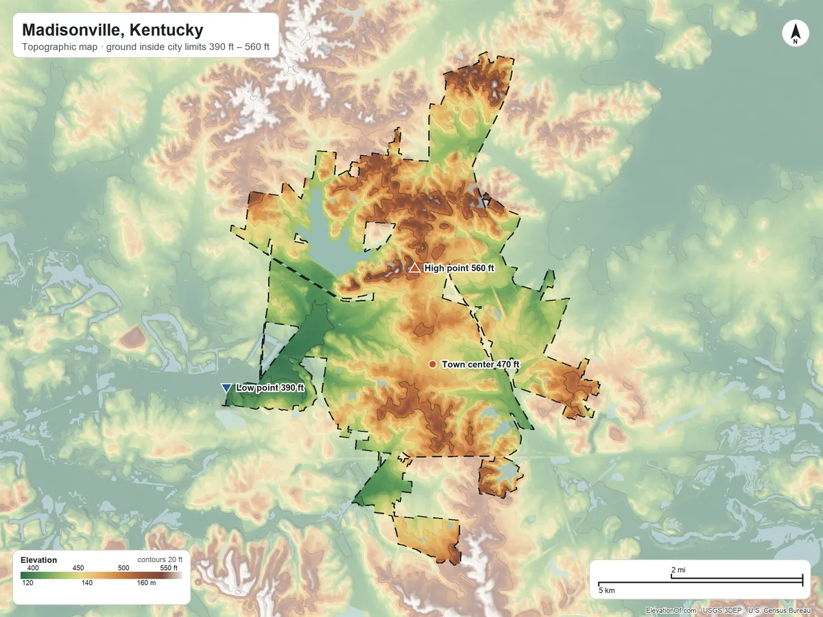 Topographic elevation map of Madisonville, Kentucky, shaded from 390 ft on the west side to 560 ft on the north side