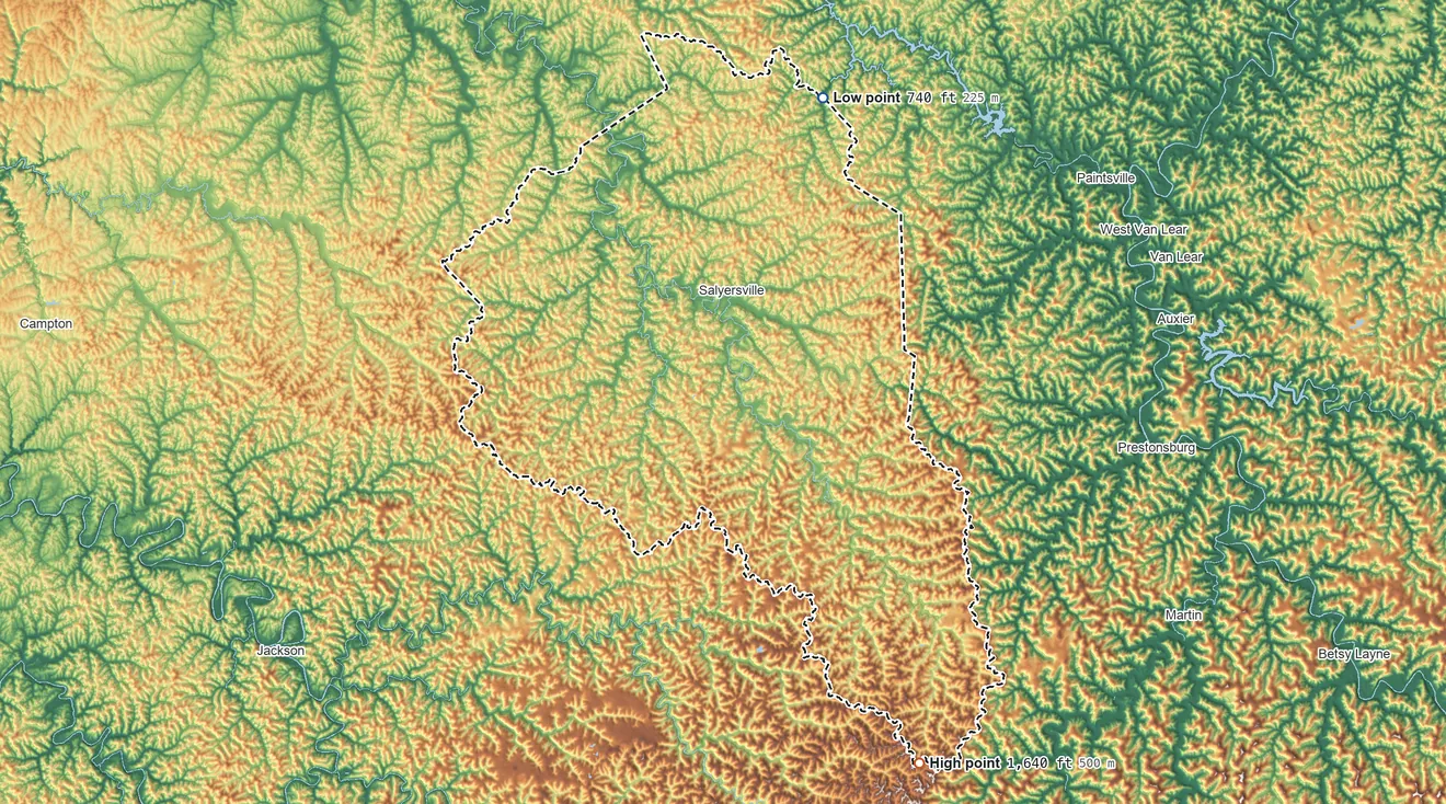 Topographic elevation map of Magoffin County, Kentucky, shaded from 740 ft on the north side to 1,640 ft on the southeast side