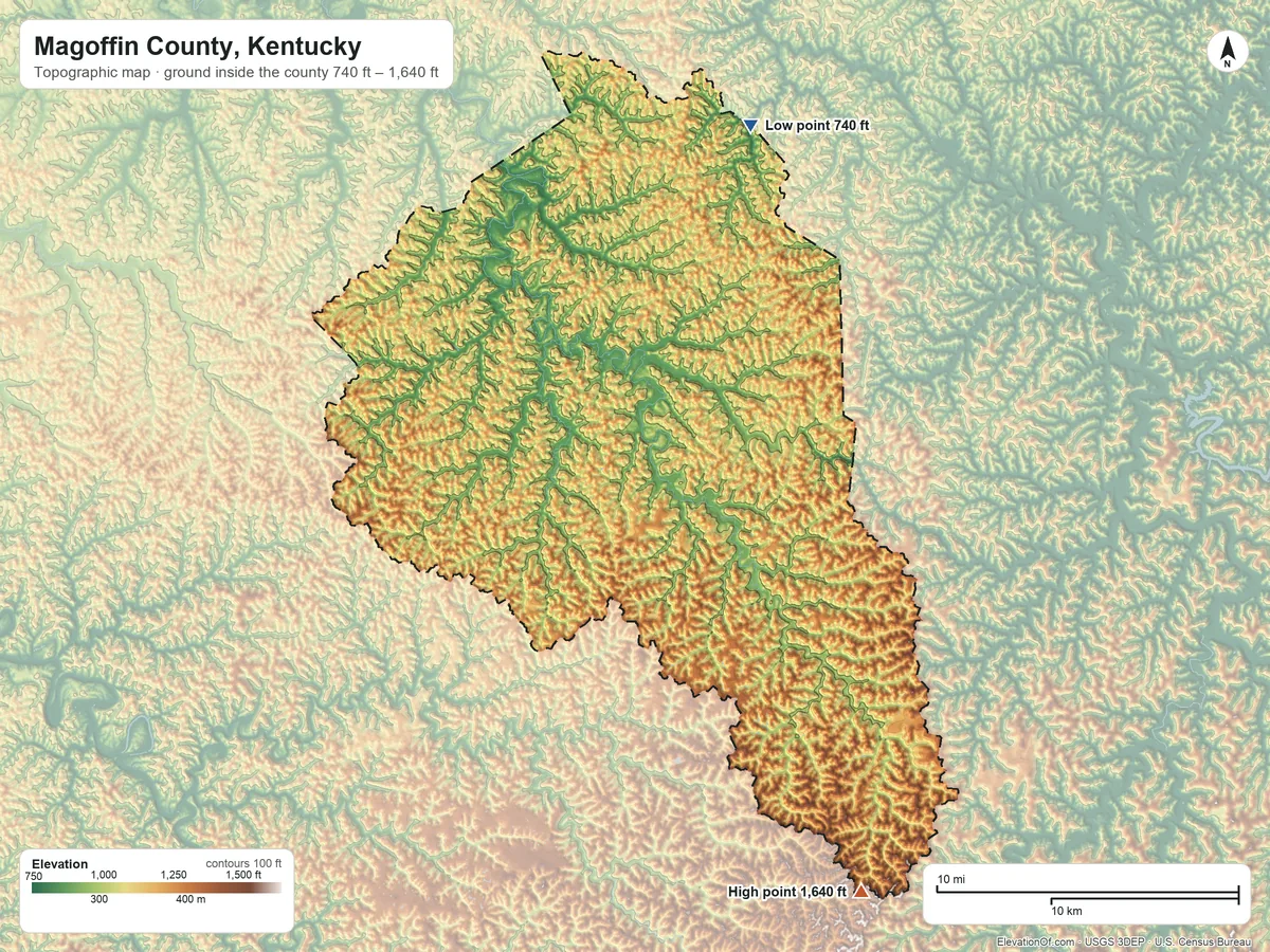 Topographic elevation map of Magoffin County, Kentucky, shaded from 740 ft on the north side to 1,640 ft on the southeast side