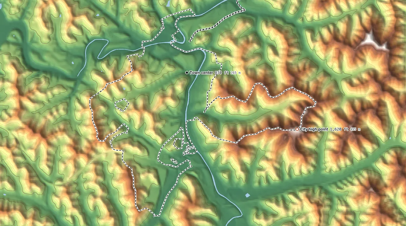 Topographic elevation map of Manchester, Kentucky, shaded from 820 ft on the north side to 1,620 ft on Orchard Knob