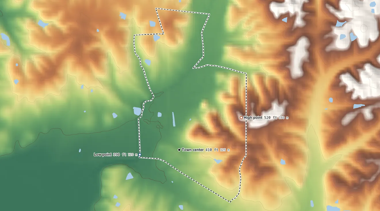Topographic elevation map of Manitou, Kentucky, shaded from 390 ft on the west side to 520 ft on the northeast side