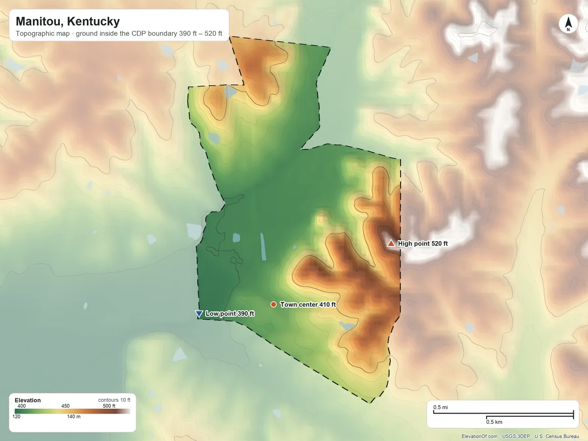 Topographic elevation map of Manitou, Kentucky, shaded from 390 ft on the west side to 520 ft on the northeast side