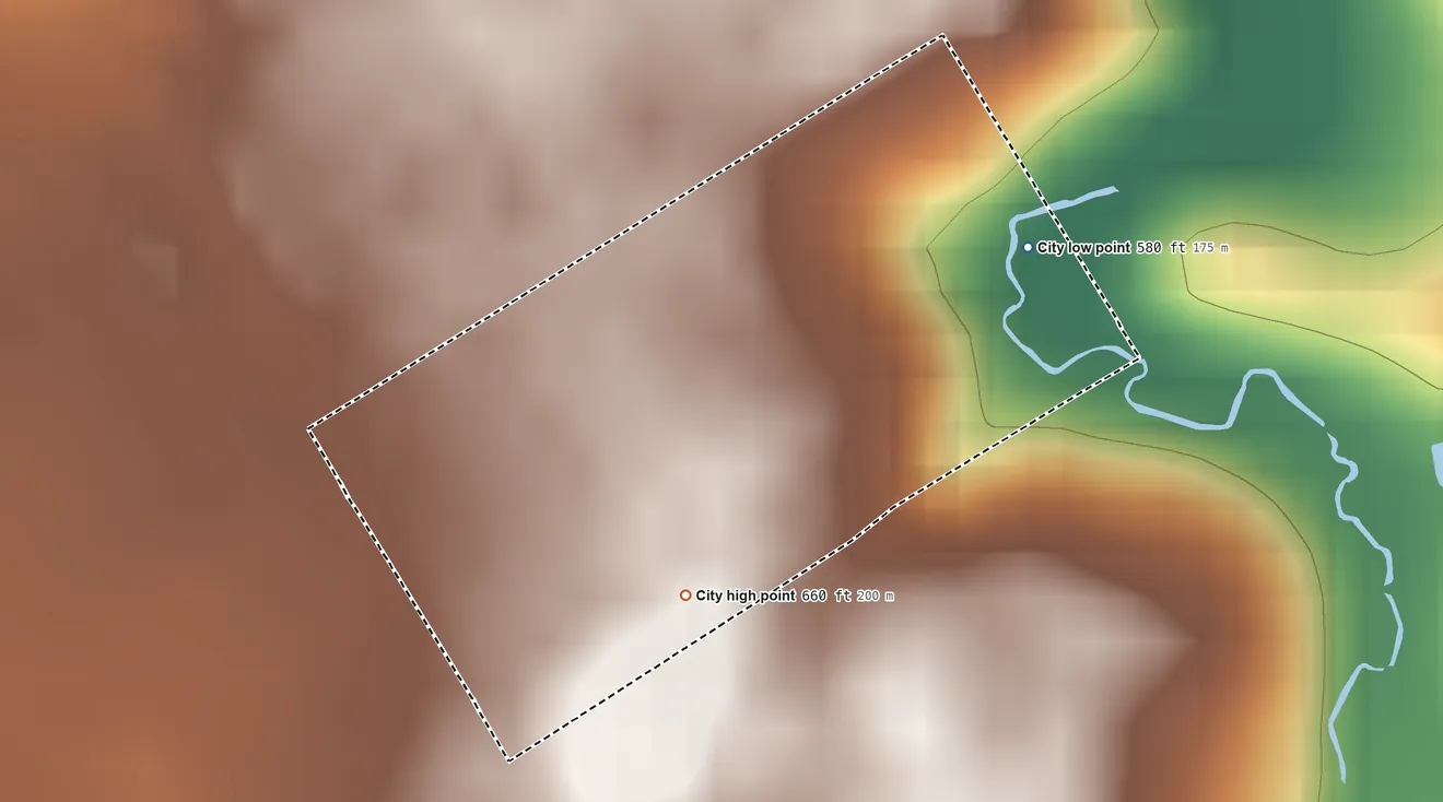 Topographic elevation map of Manor Creek, Kentucky, shaded from 580 ft on the northeast side to 660 ft on the south side