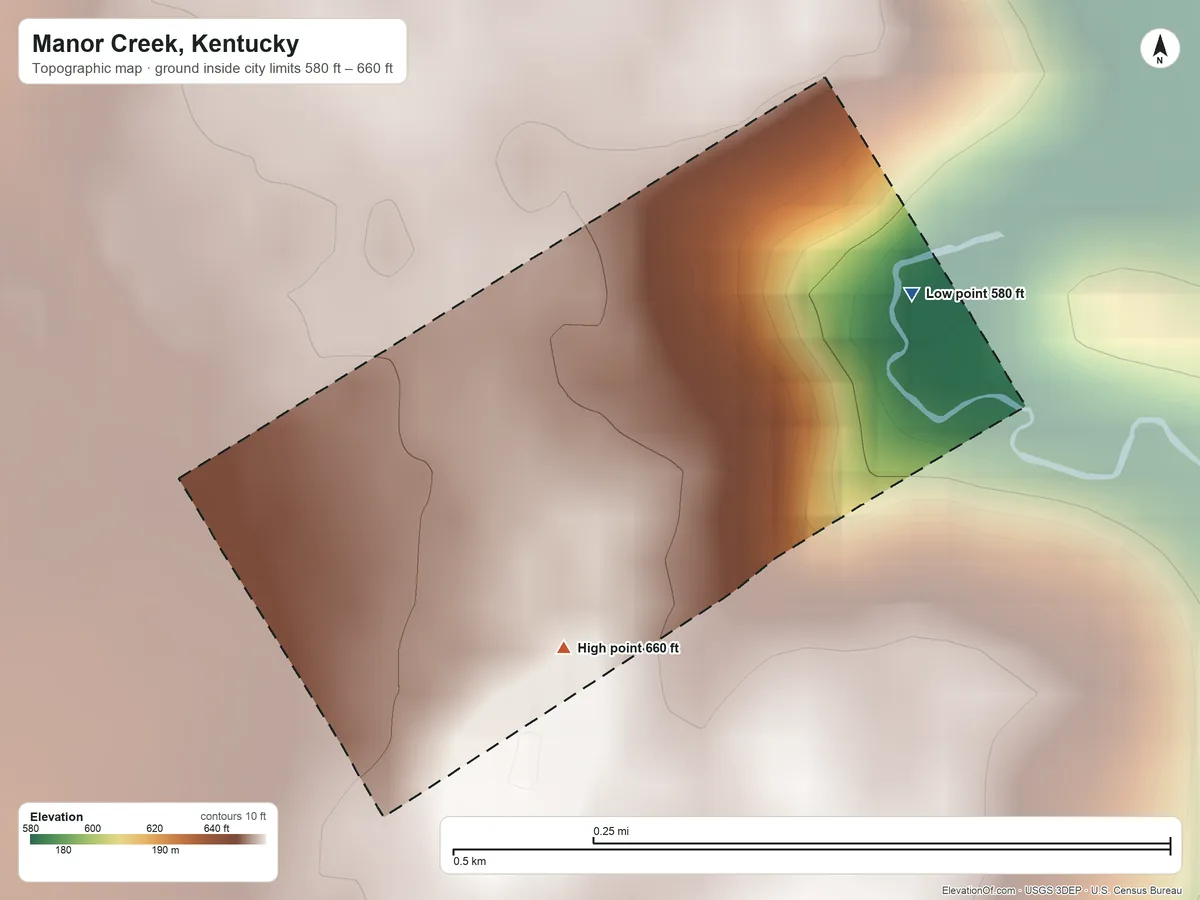 Topographic elevation map of Manor Creek, Kentucky, shaded from 580 ft on the northeast side to 660 ft on the south side