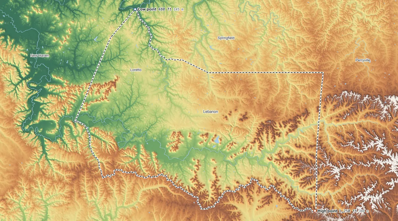 Topographic elevation map of Marion County, Kentucky, shaded from 480 ft on the northwest side to 1,250 ft on the southeast side