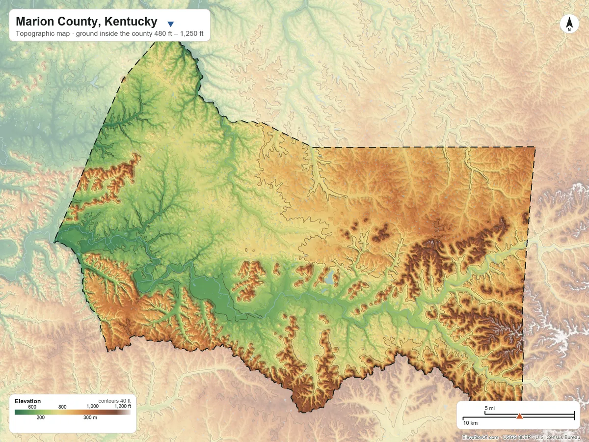 Topographic elevation map of Marion County, Kentucky, shaded from 480 ft on the northwest side to 1,250 ft on the southeast side