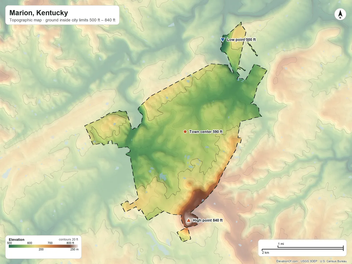 Topographic elevation map of Marion, Kentucky, shaded from 500 ft on the north side to 840 ft on Wilson Hill