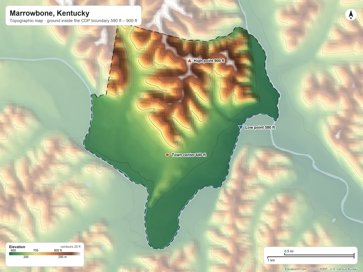 Topographic elevation map of Marrowbone, Kentucky, shaded from 580 ft on the east side to 900 ft on the north side