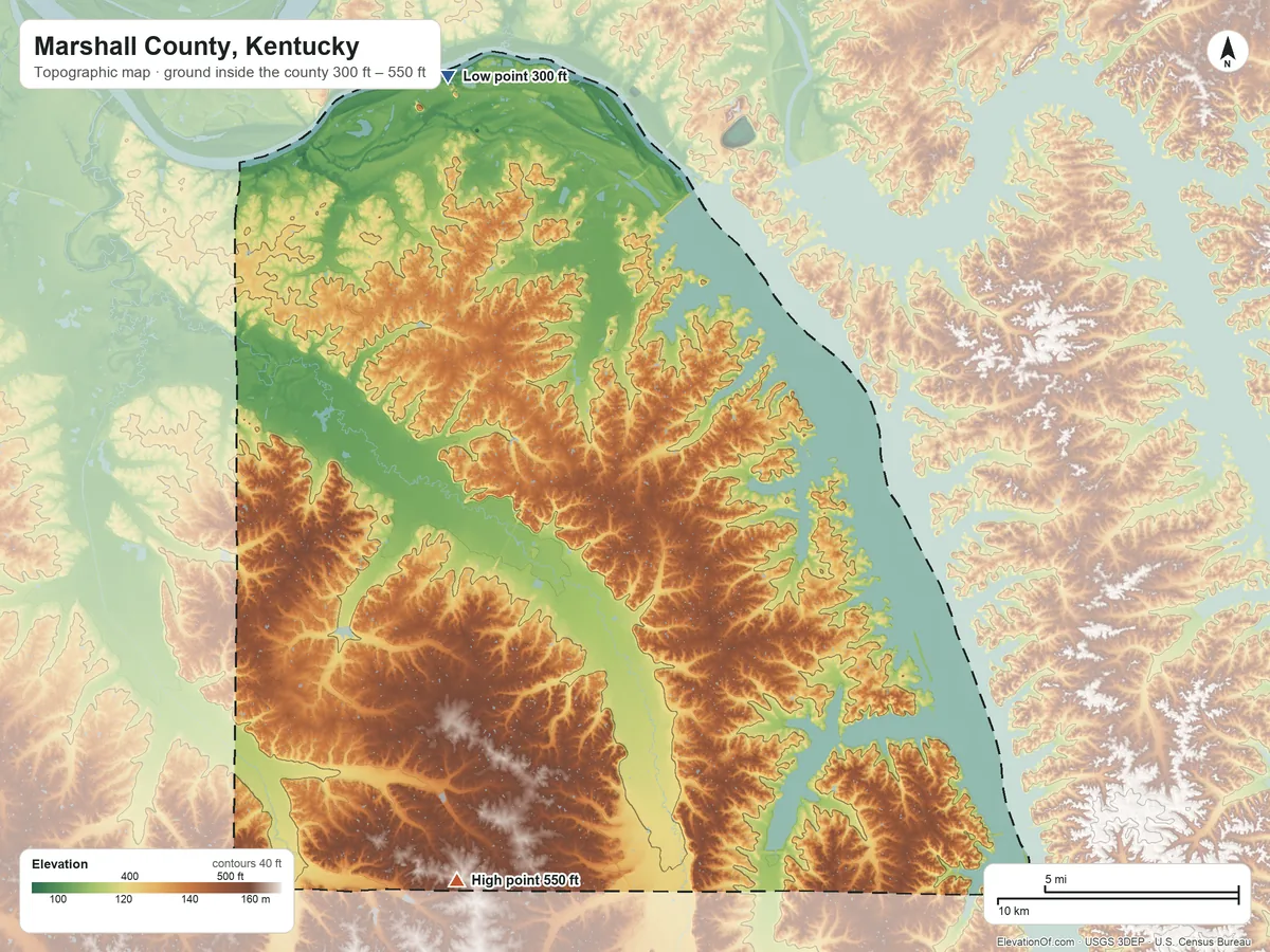 Topographic elevation map of Marshall County, Kentucky, shaded from 300 ft on the northwest side to 550 ft on the southwest side