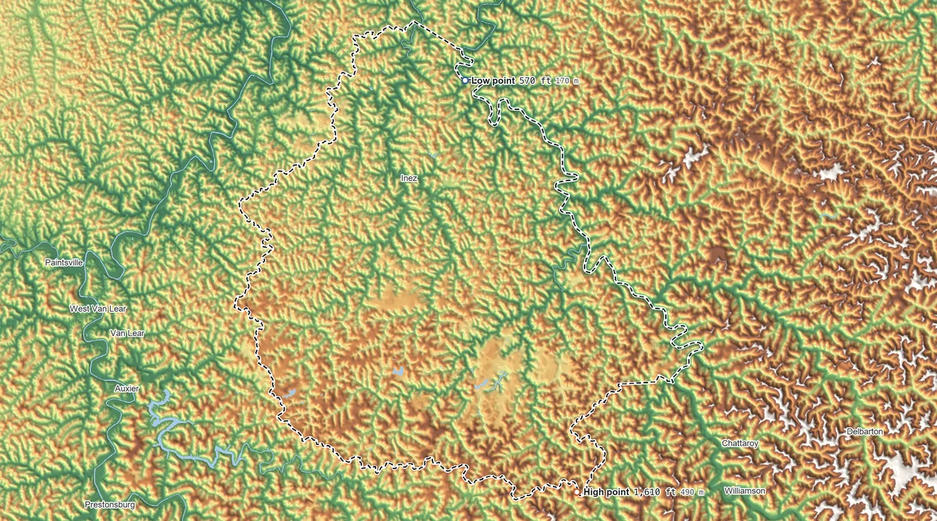 Topographic elevation map of Martin County, Kentucky, shaded from 570 ft on the north side to 1,610 ft on the southeast side