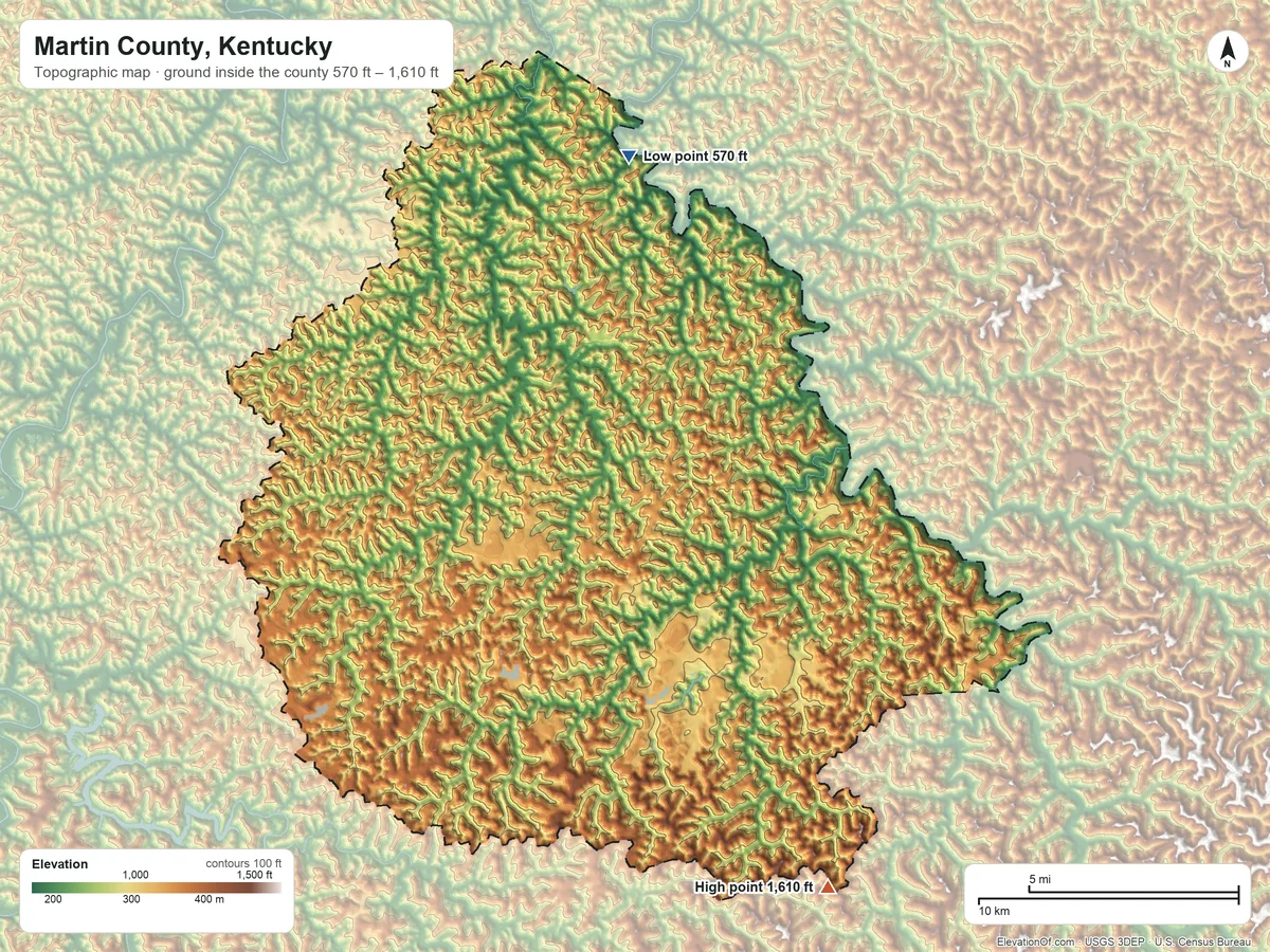 Topographic elevation map of Martin County, Kentucky, shaded from 570 ft on the north side to 1,610 ft on the southeast side