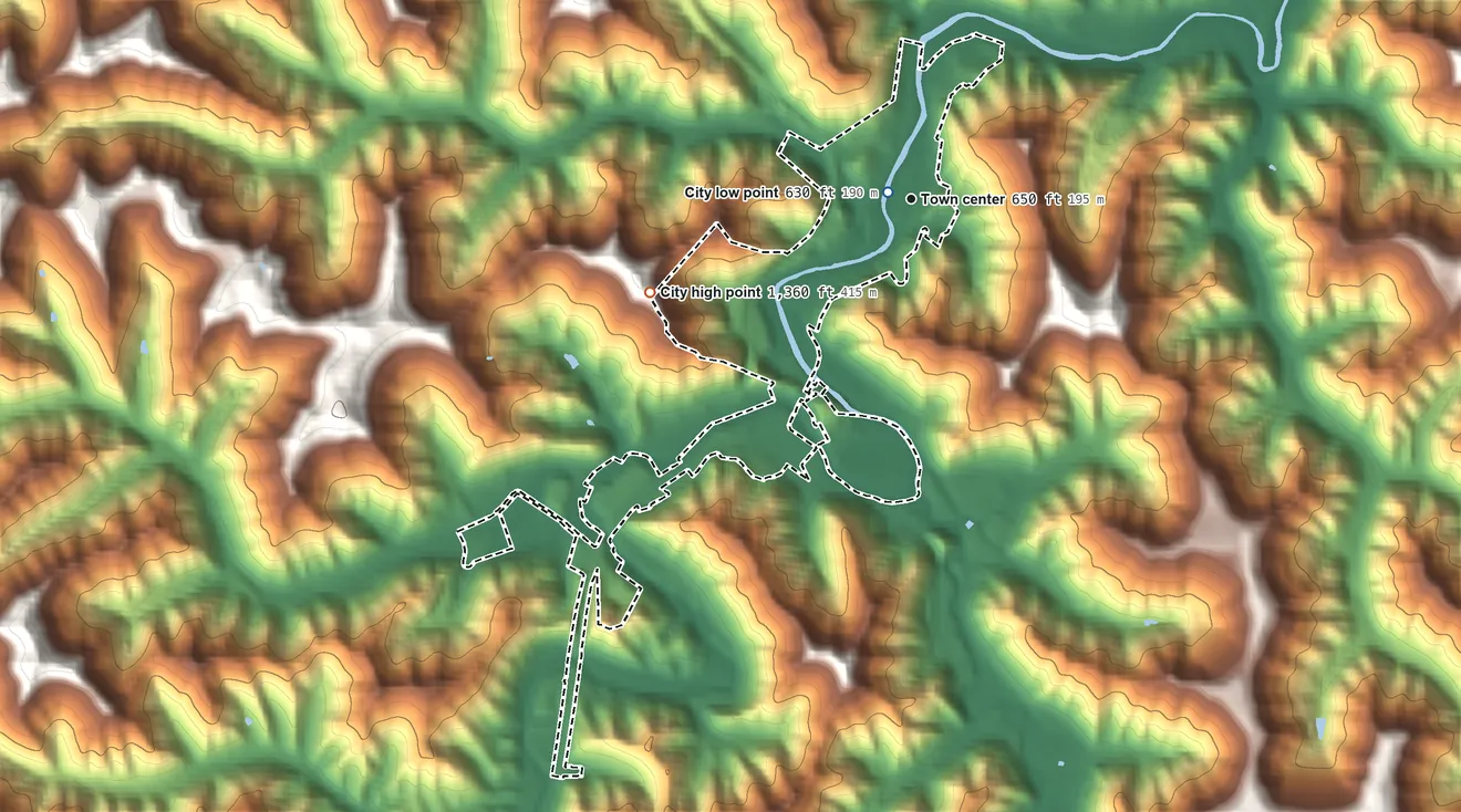 Topographic elevation map of Martin, Kentucky, shaded from 630 ft near the middle to 1,360 ft on the west side