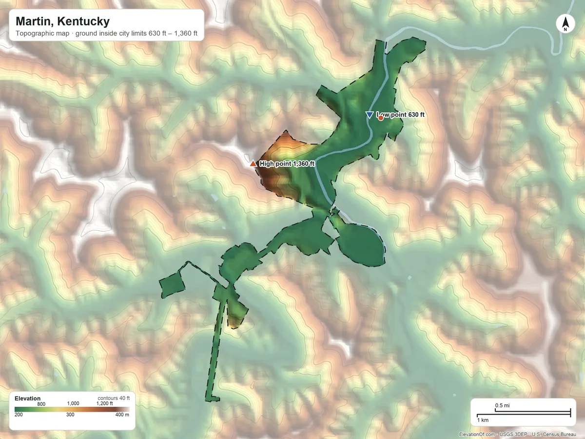 Topographic elevation map of Martin, Kentucky, shaded from 630 ft near the middle to 1,360 ft on the west side