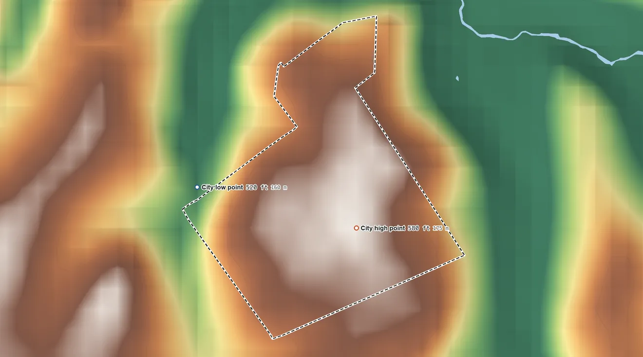 Topographic elevation map of Maryhill Estates, Kentucky, shaded from 520 ft on the west side to 580 ft near the middle