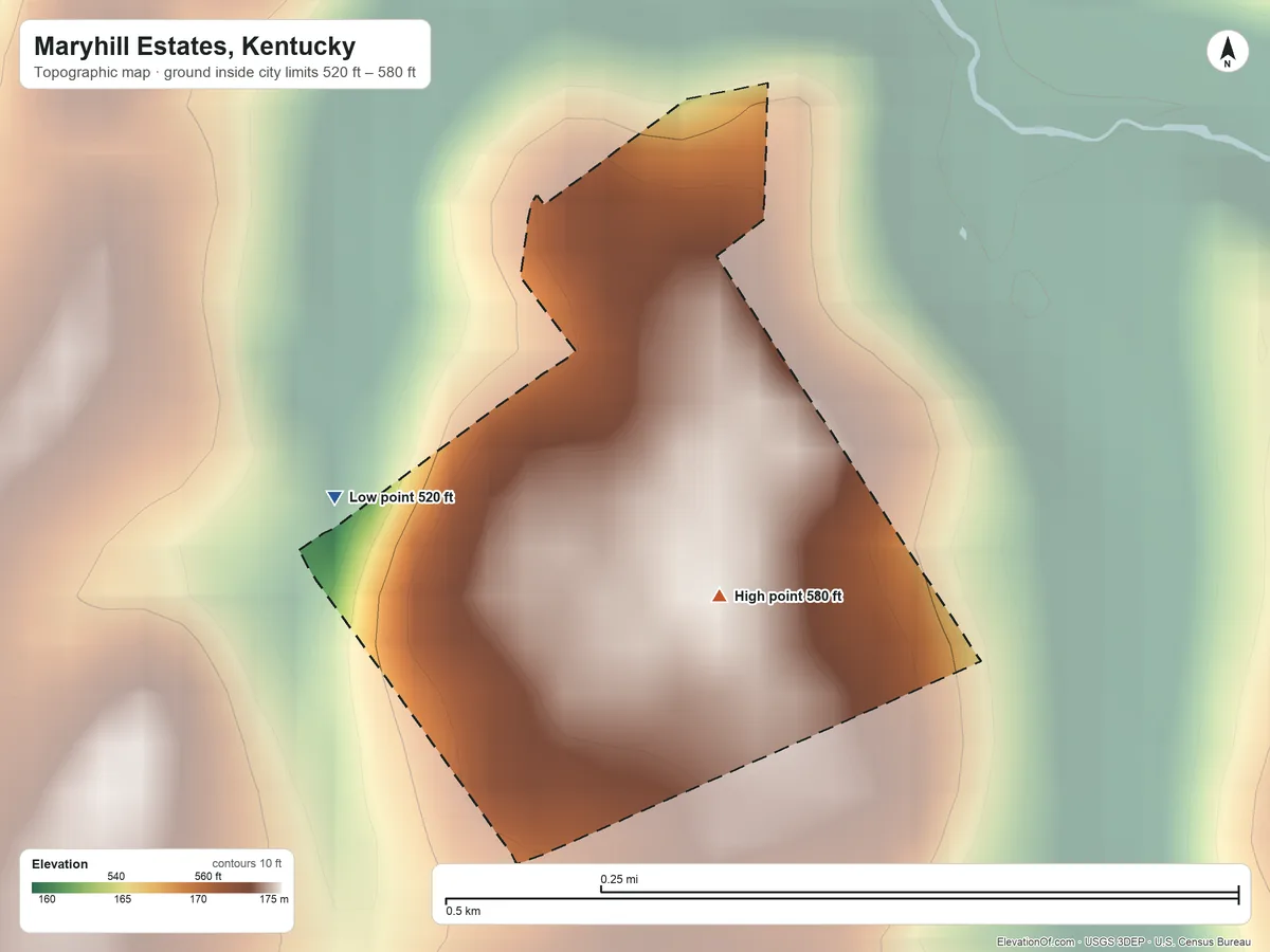 Topographic elevation map of Maryhill Estates, Kentucky, shaded from 520 ft on the west side to 580 ft near the middle