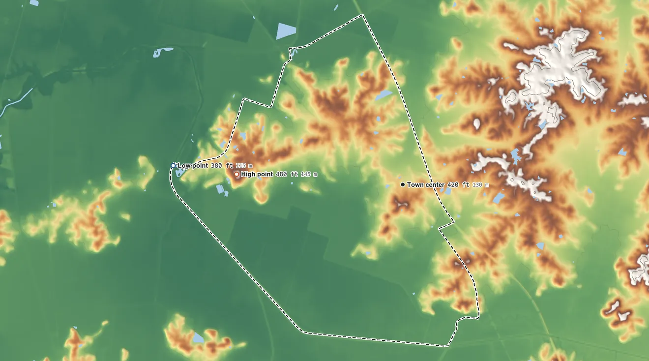 Topographic elevation map of Masonville, Kentucky, shaded from 380 ft on the west side to 480 ft on the west side