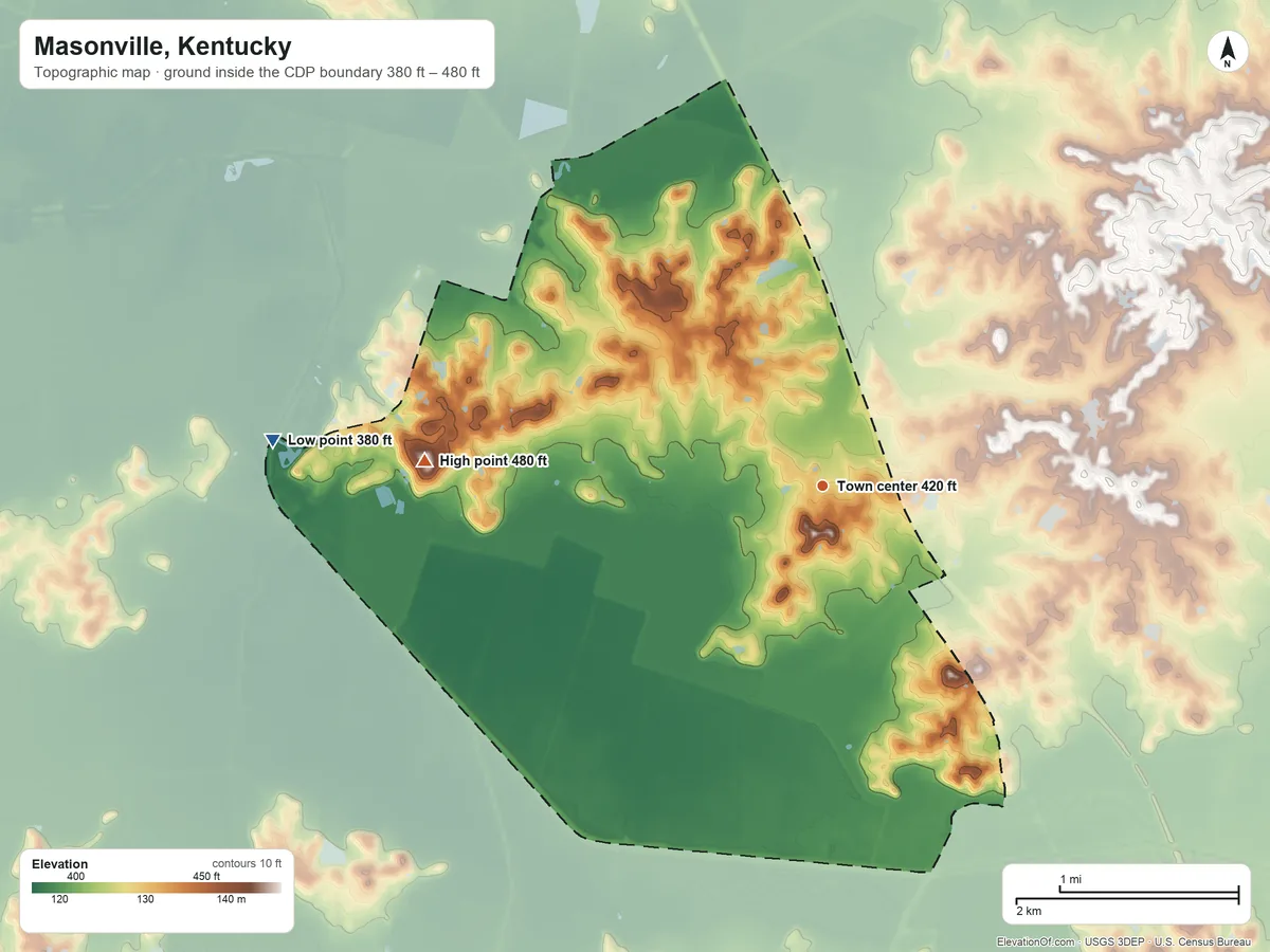 Topographic elevation map of Masonville, Kentucky, shaded from 380 ft on the west side to 480 ft on the west side