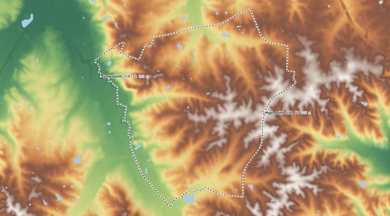 Topographic elevation map of Massac, Kentucky, shaded from 350 ft on the west side to 480 ft on the east side