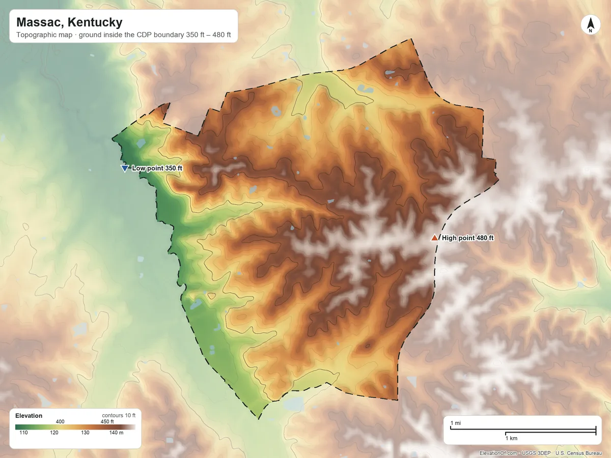 Topographic elevation map of Massac, Kentucky, shaded from 350 ft on the west side to 480 ft on the east side