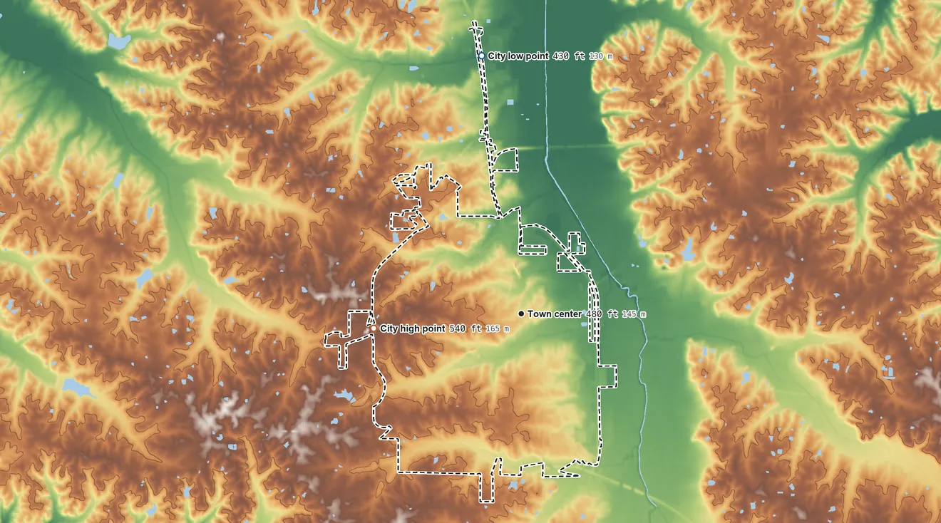 Topographic elevation map of Mayfield, Kentucky, shaded from 430 ft on the north side to 540 ft on the west side