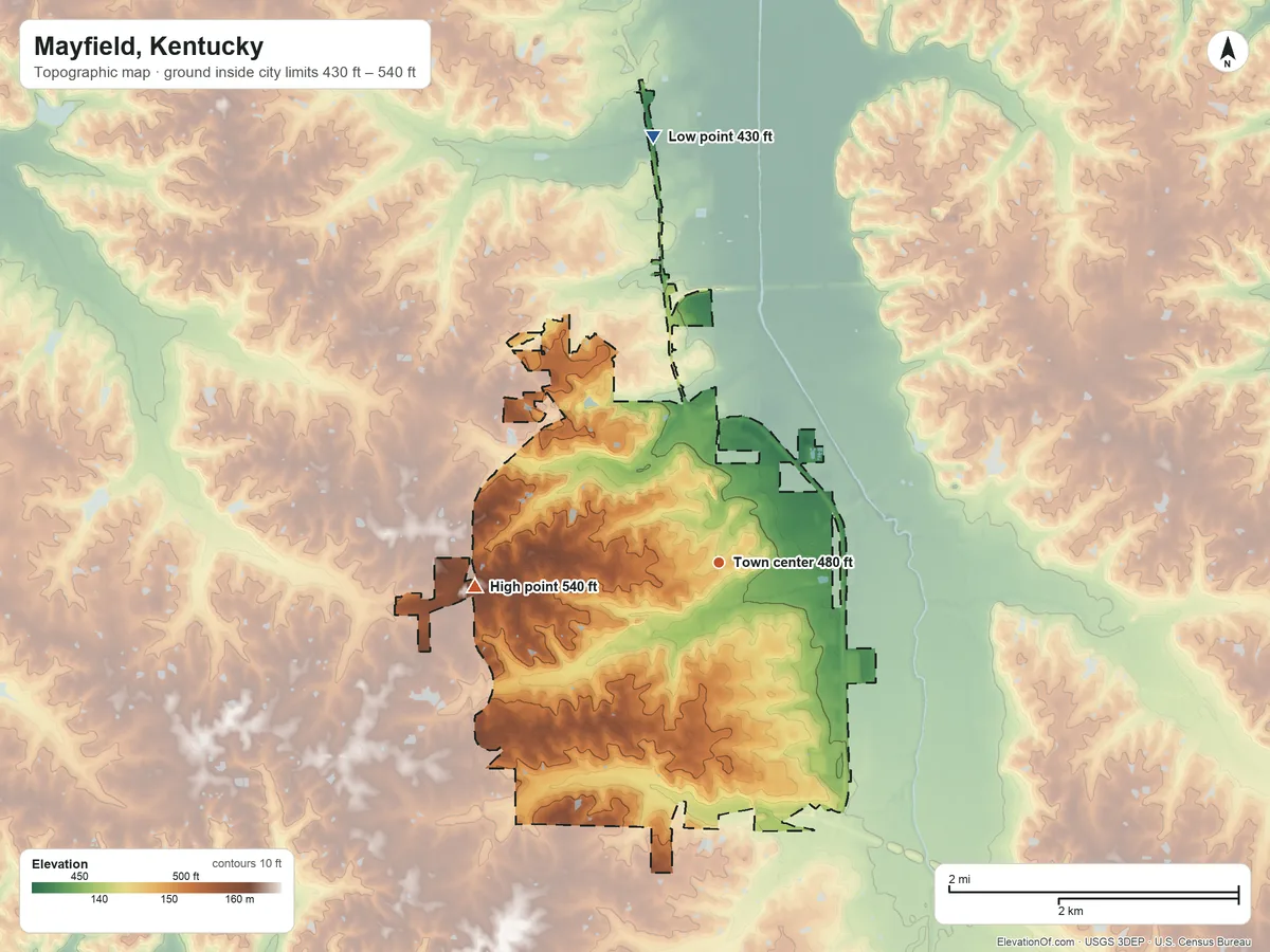 Topographic elevation map of Mayfield, Kentucky, shaded from 430 ft on the north side to 540 ft on the west side
